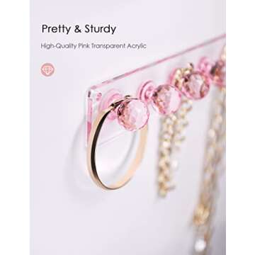 Heesch Necklace Holder Pink, Acrylic Necklace Hanger Wall Mount, Hanging Necklace Organizer, Jewelry Hooks for Necklaces, Bracelets, Chains (2-pack Pink)