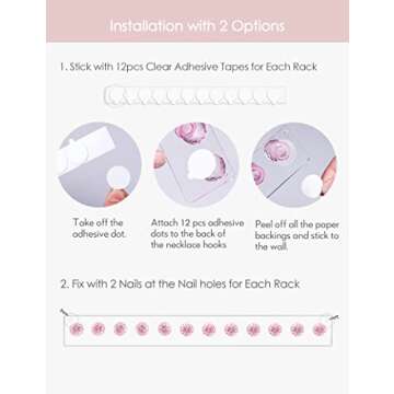 Heesch Necklace Holder Pink, Acrylic Necklace Hanger Wall Mount, Hanging Necklace Organizer, Jewelry Hooks for Necklaces, Bracelets, Chains (2-pack Pink)