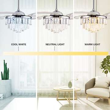 Trssdre Fandelier Crystal LED Ceiling Fans with Lights and Remote Modern Retractable Blade Ceiling Lighting Fan Kit for Bedroom Dinning Room Living Room