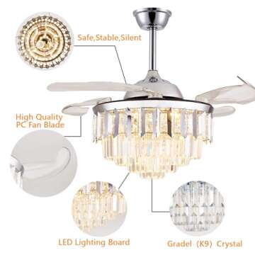 Trssdre Fandelier Crystal LED Ceiling Fans with Lights and Remote Modern Retractable Blade Ceiling Lighting Fan Kit for Bedroom Dinning Room Living Room