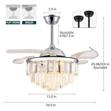 Trssdre Fandelier Crystal LED Ceiling Fans with Lights and Remote Modern Retractable Blade Ceiling Lighting Fan Kit for Bedroom Dinning Room Living Room