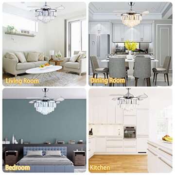Trssdre Fandelier Crystal LED Ceiling Fans with Lights and Remote Modern Retractable Blade Ceiling Lighting Fan Kit for Bedroom Dinning Room Living Room