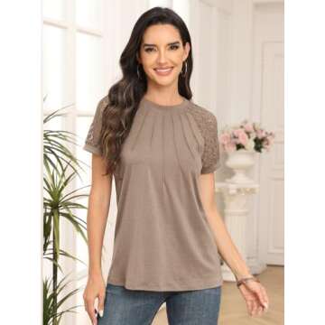 AUTOMET Womens Tshirts Trendy Fashion Tops Lace Short Sleeve Business Tee Shirts Casual Knitted Blou...