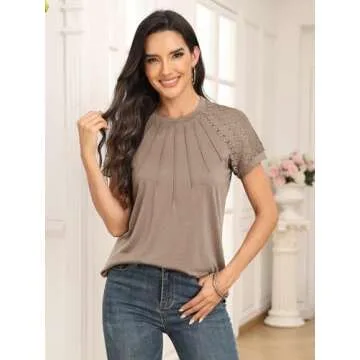 AUTOMET Womens Tshirts Trendy Fashion Tops Lace Short Sleeve Business Tee Shirts Casual Knitted Blouses Summer Outfits Khaki M