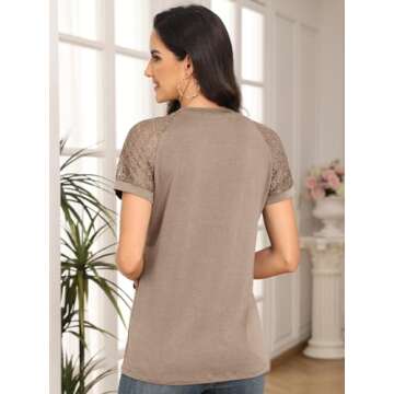 AUTOMET Womens Tshirts Trendy Fashion Tops Lace Short Sleeve Business Tee Shirts Casual Knitted Blouses Summer Outfits Khaki M