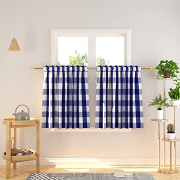 NATUS WEAVER Cafe Curtains - Navy Blue & White Buffalo Plaid 30 inch Tiers - 2 Panels