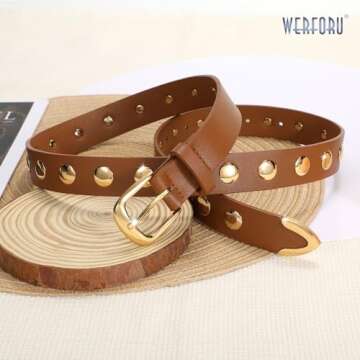 WERFORU Women Fashion Leather Belt Studded Leather Belt Ladies Belts for Jeans Dress Punk Belt,(Brown,26"-32" Waist Adjustable)