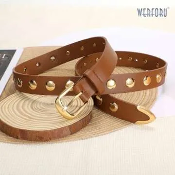 WERFORU Women Fashion Leather Belt Studded Leather Belt Ladies Belts for Jeans Dress Punk Belt,(Brown,26"-32" Waist Adjustable)