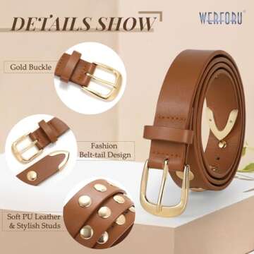 WERFORU Women Fashion Leather Belt Studded Leather Belt Ladies Belts for Jeans Dress Punk Belt,(Brown,26"-32" Waist Adjustable)