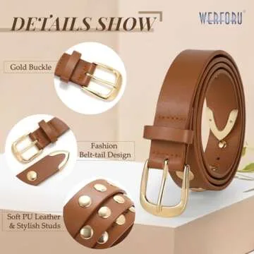 WERFORU Women Fashion Leather Belt Studded Leather Belt Ladies Belts for Jeans Dress Punk Belt,(Brown,26"-32" Waist Adjustable)