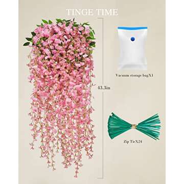 TINGE TIME 24 Pack Wisteria Hanging Flowers, 43inch Artificial Wisteria Vines Ratta Silk Flowers Garlands for Home Garden Outdoor Ceremony Wedding Arch Floral Decoration (Pink)