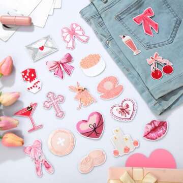 Watersay 40 Pcs Coquette Iron on Patches Pink Ballet Butterfly Embroidered Lip Cherry Rose DIY Craft Gifts Sew on Applique Patches Vintage Patch for Jackets Backpacks Clothing Hats