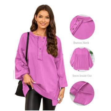 AlvaQ Tunic Sweatshirt for Women Fashion 2024 Winter Ouffits Long Sleeve Button V Neck Drop Shoulder Ribbed Hem Pullover Top Fall Clothes Purple Small
