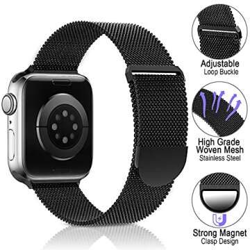 Sunnywoo Milanese Mesh Loop Compatible with Apple Watch Bands 42mm 44mm 45mm 46mm 49mm 38mm 40mm 41mm for Men Women, Stainless Steel Mesh strap for iWatch Series 10 9 8 7 6 SE 5 4 3 2 1 Ultra