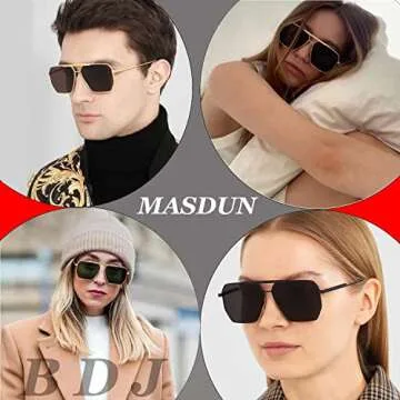 MASDUN Retro Oversized Square Polarized Sunglasses for Women Men Vintage Shades UV400 Classic Metal Sun Glasses (Gold/PINK + gray/Yellow + gold/dark green)