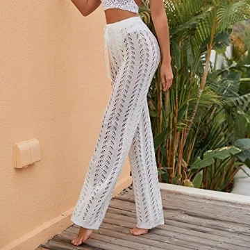 RUEWEY Women's Crochet Beach Cover Up Pants for Summer
