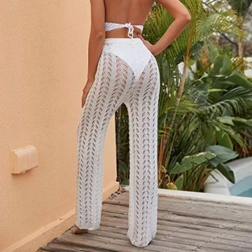 RUEWEY Women's Crochet Beach Cover Up Pants for Summer