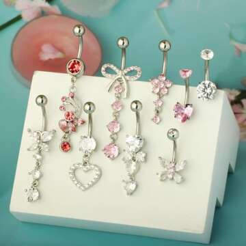 14G Silver Belly Button ring Dangle Surgical Stainless Steel Belly Rings Cute Bow Butterfly Heart Fl...