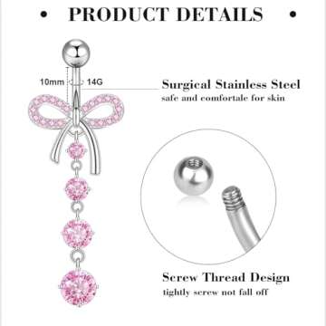 14G Silver Belly Button ring Dangle Surgical Stainless Steel Belly Rings Cute Bow Butterfly Heart Flower Pink Dangling Belly Button Piercing Jewelry For Women Dainty Dangly Navel Ring