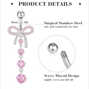 14G Silver Belly Button ring Dangle Surgical Stainless Steel Belly Rings Cute Bow Butterfly Heart Flower Pink Dangling Belly Button Piercing Jewelry For Women Dainty Dangly Navel Ring