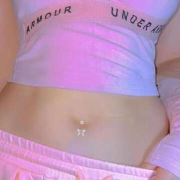 14G Silver Belly Button ring Dangle Surgical Stainless Steel Belly Rings Cute Bow Butterfly Heart Flower Pink Dangling Belly Button Piercing Jewelry For Women Dainty Dangly Navel Ring