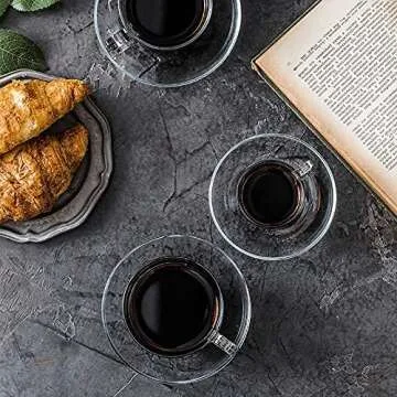 Tosnail 6 Pack 7-Ounce Glass Tea Cups and Saucers Sets Glass Coffee Mugs