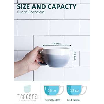 Porcelain Jumbo Coffee Mugs Set of 4-16 Ounce Cups with Handle for Hot or Cold Drinks like Cocoa, Milk, Tea or Water - Smooth Ceramic with Modern Design - Gradient, Blue Gray