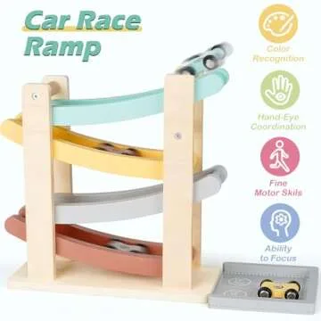 Car Ramp Toys for One Year Old Boy Birthday Gifts, Wooden Montessori Toys for 1 2 Year Old, Race Tra...