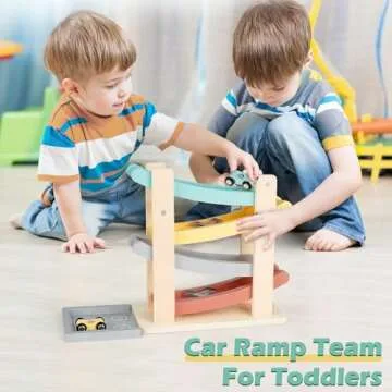 Car Ramp Toys for One Year Old Boy Birthday Gifts, Wooden Montessori Toys for 1 2 Year Old, Race Track Truck Toy with 4 Mini Cars/1 Parking Lot, First Christmas Birthday Gifts for Toddlers 1-3-2-4