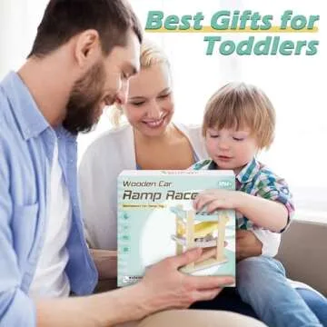 Car Ramp Toys for One Year Old Boy Birthday Gifts, Wooden Montessori Toys for 1 2 Year Old, Race Track Truck Toy with 4 Mini Cars/1 Parking Lot, First Christmas Birthday Gifts for Toddlers 1-3-2-4