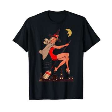 Vintage Pin Up Witch Halloween Sexy Pinup Girl Witches Broom T-Shirt
