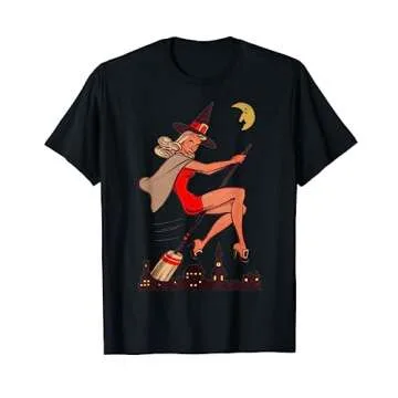 Vintage Pin Up Witch Halloween Sexy Pinup Girl Witches Broom T-Shirt