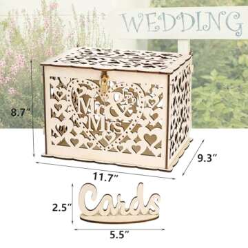 Youeon Wood Wedding Card Box with Lock and Key, Large Thick Rustic Card Box for Wedding with Card Si...