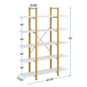 Tribesigns 5-Tier Bookshelf, Vintage Industrial Style Bookcase 70 ‘’ H x 12’’ W x 47’’L, Gold