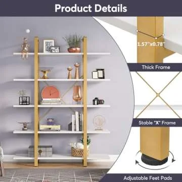 Tribesigns 5-Tier Bookshelf, Vintage Industrial Style Bookcase 70 ‘’ H x 12’’ W x 47’’L, Gold