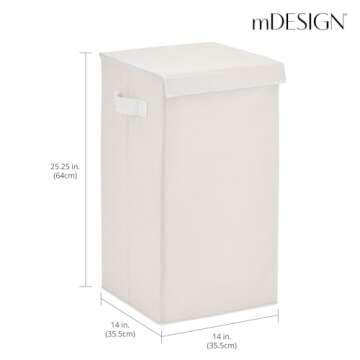 mDesign Large Upright Laundry Hamper Basket with Hinge Lid and Attached Handles - Foldable for Compact Storage in Bedroom, Bathroom, Laundry Room, Apartment, Dorm - Jane Collection - Cream/White