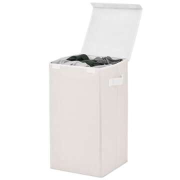 mDesign Large Upright Laundry Hamper Basket with Hinge Lid and Attached Handles - Foldable for Compact Storage in Bedroom, Bathroom, Laundry Room, Apartment, Dorm - Jane Collection - Cream/White