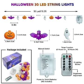 Halloween Lights, 16.4FT 30 LED Pumpkin Bat Ghost Battery Operated Orange and Purple String Lights S...
