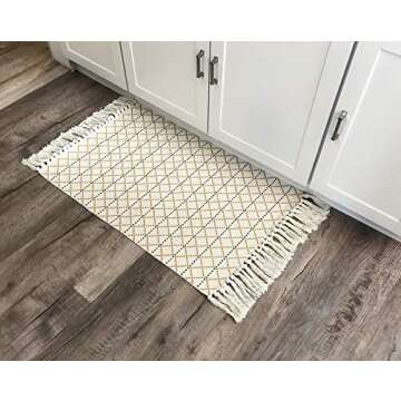 Geometric Diamond Pattern Tassel Rug - 24"x36" Gold Grey & White Door Mat for Kitchen/Bathroom/Front...