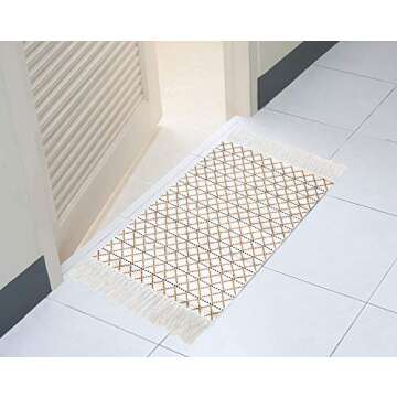 Geometric Diamond Pattern Tassel Rug - 24"x36" Gold Grey & White Door Mat for Kitchen/Bathroom/Front Porch/Entry/Decor - Layered Welcome Doormats - Modern Geometric Entryway Mats (Gold & White)