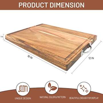 Large Wooden Acacia Pro Cutting Board, 18" x 12" x 1" cutting board, with deep juice grooves, metal handle, reversible wooden cutting boards for kitchen, charcuterie board, chopping board.
