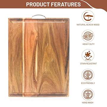 Large Wooden Acacia Pro Cutting Board, 18" x 12" x 1" cutting board, with deep juice grooves, metal handle, reversible wooden cutting boards for kitchen, charcuterie board, chopping board.