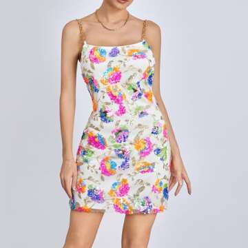 Sparkly Women Sequin Mini Dress Backless Low-Cut Rainbow Floral Spaghetti Strap Short Dress Birthday Party Cocktail Clubwear (Small, B White)