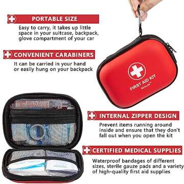 Mini First Aid Kit - 120 Piece Small Waterproof Hard Shell Medical Kit for Car, Home, Office, Travel, Camping, Sports, Outdoor, School - Emergency First Aid Supplies and Survival Kit (Red)