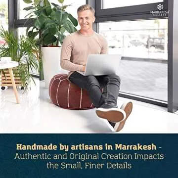 Genuine Leather Round Pouf Cover - Handmade Moroccan Ottoman