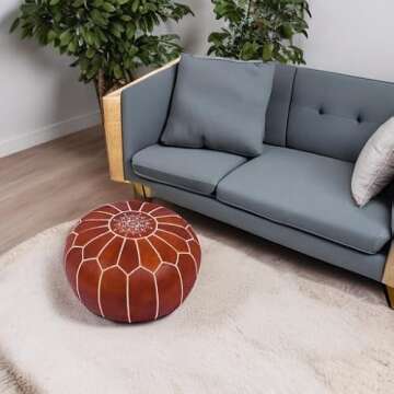 Genuine Leather Round Pouf Cover - Handmade Moroccan Ottoman Footstool, Unstuffed Footrest Under Desk - Boho Decor - Bohemian Living Room, Bedroom, Kids Room - Housewarming Gift & Wedding