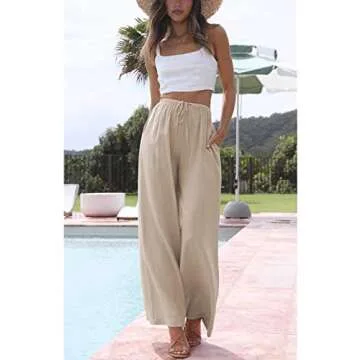 Hooever Women's Wide Leg Cotton Linen Pants High Waist Adjustable Tie Knot Lounge Trousers(Khaki-M)