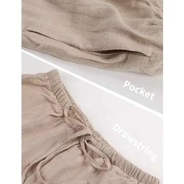 Hooever Women's Wide Leg Cotton Linen Pants High Waist Adjustable Tie Knot Lounge Trousers(Khaki-M)