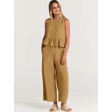 ANRABESS Women Summer 2 Piece Outfits Sleeveless Tank Crop Top Wide Leg Pants Linen Jumpsuits Lounge Matching Beach Sets Light Yellow Small