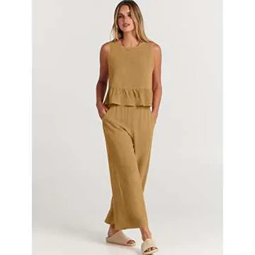 ANRABESS Women Summer 2 Piece Outfits Sleeveless Tank Crop Top Wide Leg Pants Linen Jumpsuits Lounge Matching Beach Sets Light Yellow Small